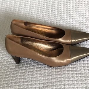Salvatore Ferragamo Taupe Leather Pumps with Metallic Gold Toe